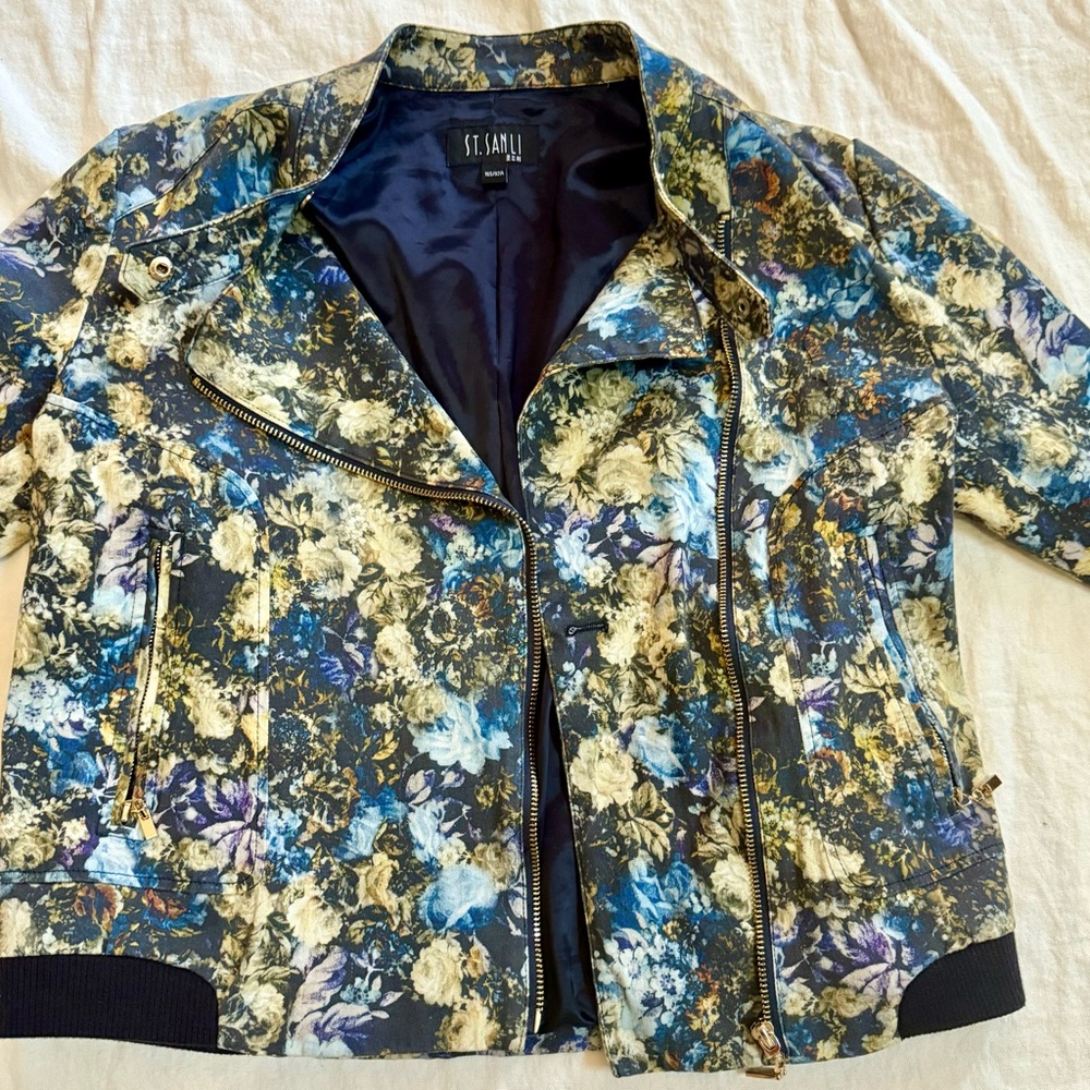 ST. SANLI Dark Floral Biker Jacket Zip Moto Style Cropped Fit Blue M Zippers